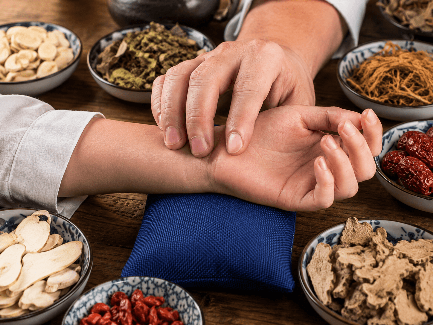 Traditional Chinese Medicine cultural exchange with herbs and diagnostic practice